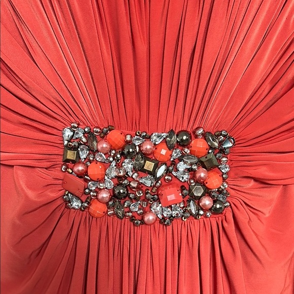 Mignon Red Prom Dress Orange color size 2 with stones and a scarf cape - Picture 2 of 15